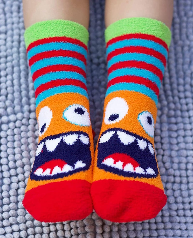 Jefferies Socks Boys Fuzzy Dinosaur Shark Monster Non Skid Slipper Socks 4 Pack - Image 5